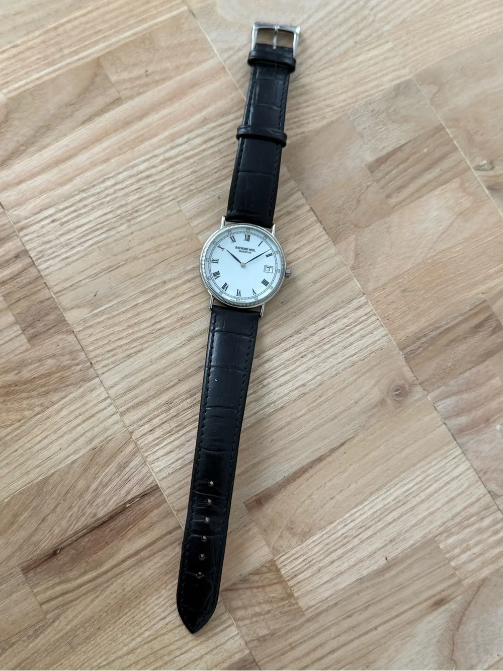 Raymond Weil Geneve Rare Stainless Case Vintage Watch White Dial Leather Strap
